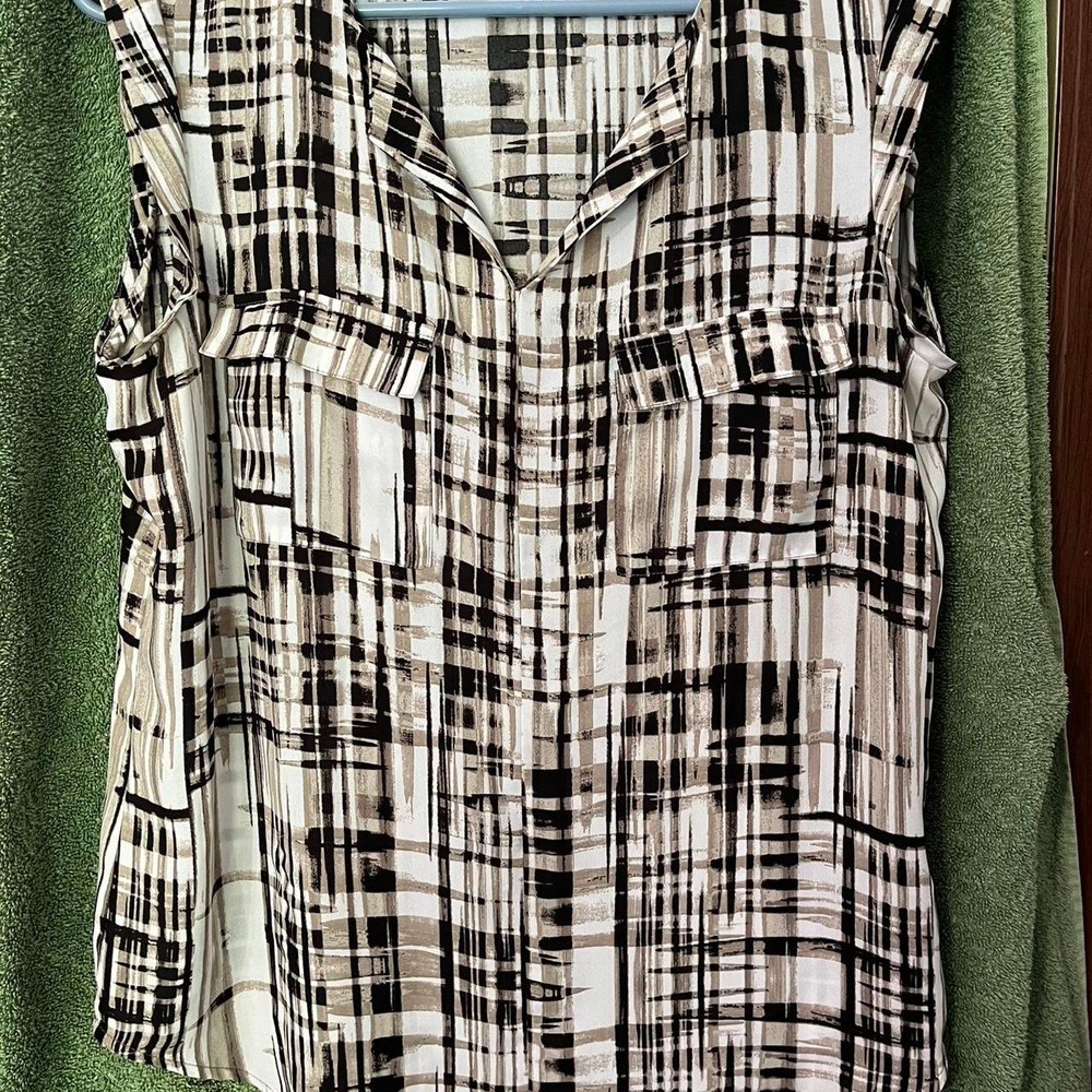 Apt. 9 Womens Plaid Sleeveless Blouse Black Tan White Button Shoulder Top M